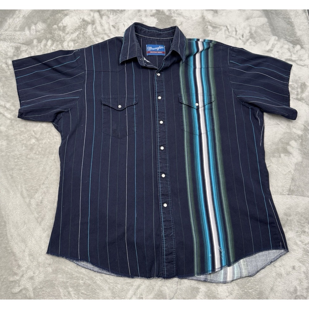Vintage Wrangler Brushpopper Pearl Snap Shirt Mens 2XL Blue Teal Striped Western
